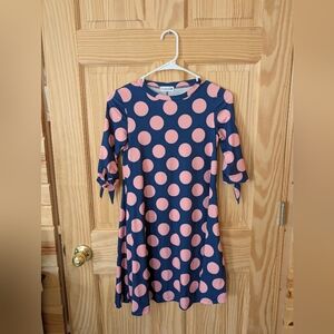Nuggles Girls 10 Navy and Pink Polka Dot Tie-Sleeve Comfy Dress